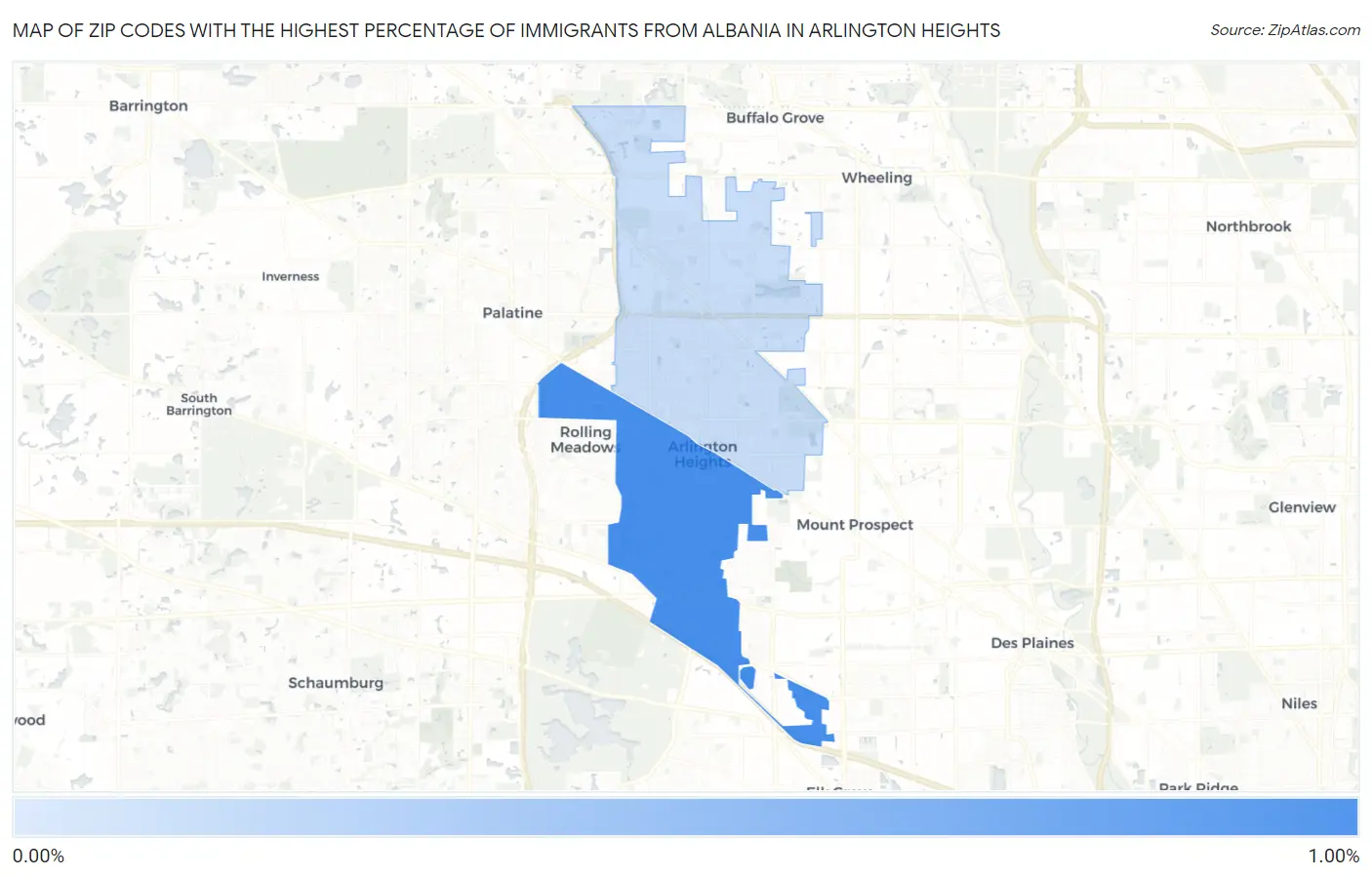 Zip Codes with the Highest Percentage of Immigrants from Albania in Arlington Heights Map