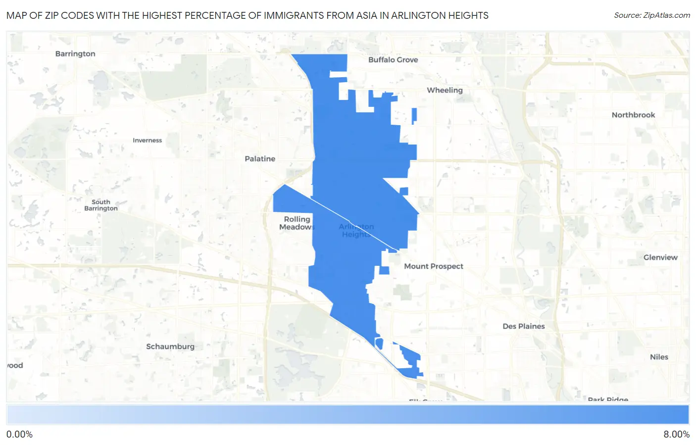 Zip Codes with the Highest Percentage of Immigrants from Asia in Arlington Heights Map