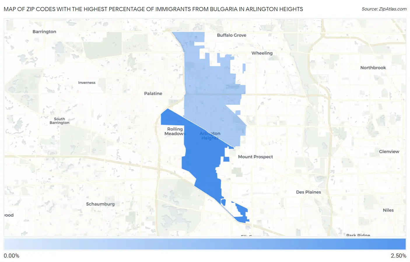 Zip Codes with the Highest Percentage of Immigrants from Bulgaria in Arlington Heights Map