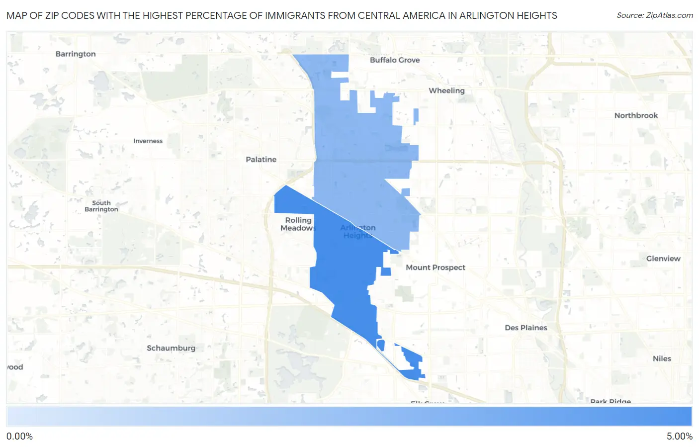 Zip Codes with the Highest Percentage of Immigrants from Central America in Arlington Heights Map
