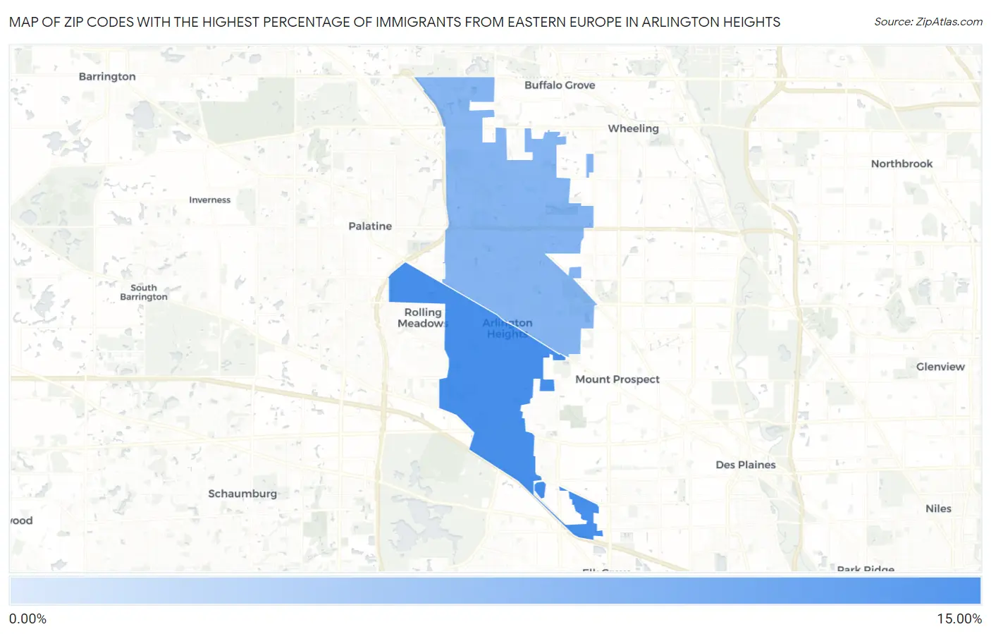 Zip Codes with the Highest Percentage of Immigrants from Eastern Europe in Arlington Heights Map