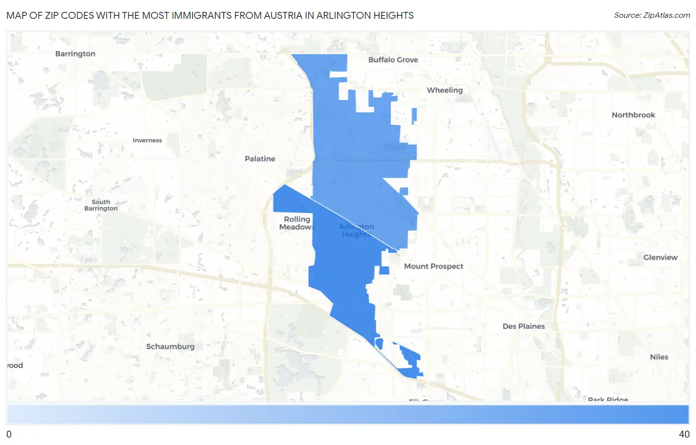 Zip Codes with the Most Immigrants from Austria in Arlington Heights Map