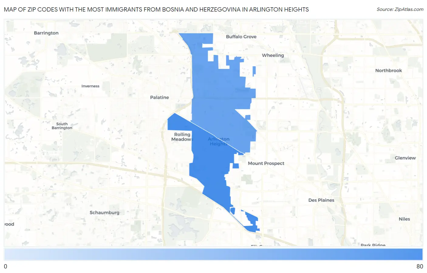 Zip Codes with the Most Immigrants from Bosnia and Herzegovina in Arlington Heights Map