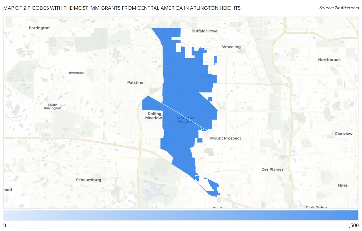 Zip Codes with the Most Immigrants from Central America in Arlington Heights Map