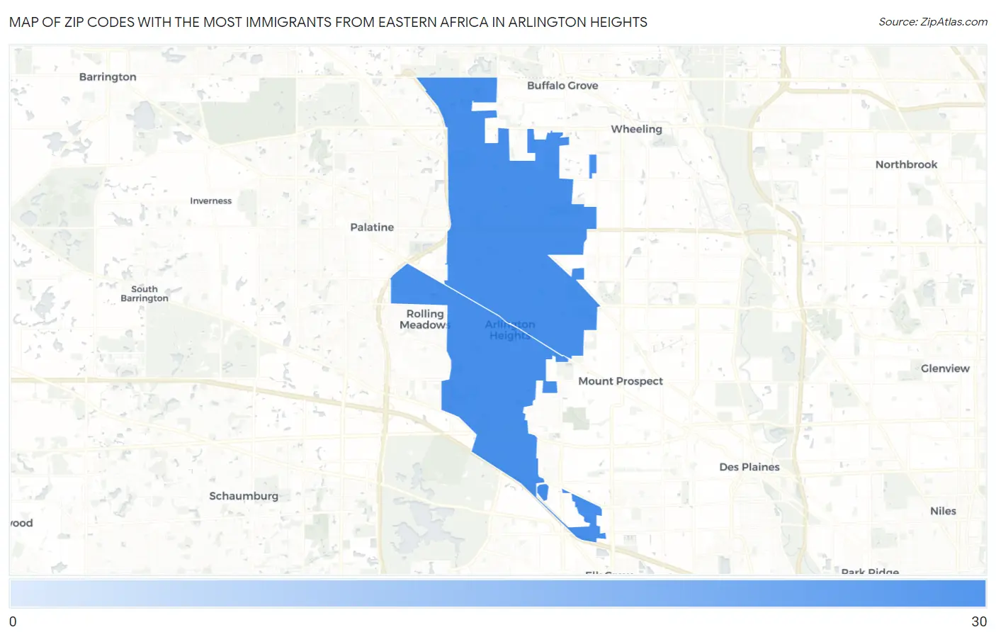 Zip Codes with the Most Immigrants from Eastern Africa in Arlington Heights Map
