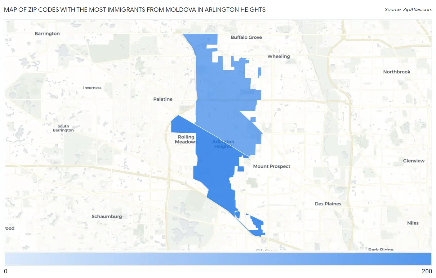 Zip Codes with the Most Immigrants from Moldova in Arlington Heights Map