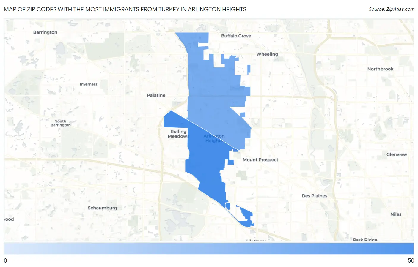 Zip Codes with the Most Immigrants from Turkey in Arlington Heights Map