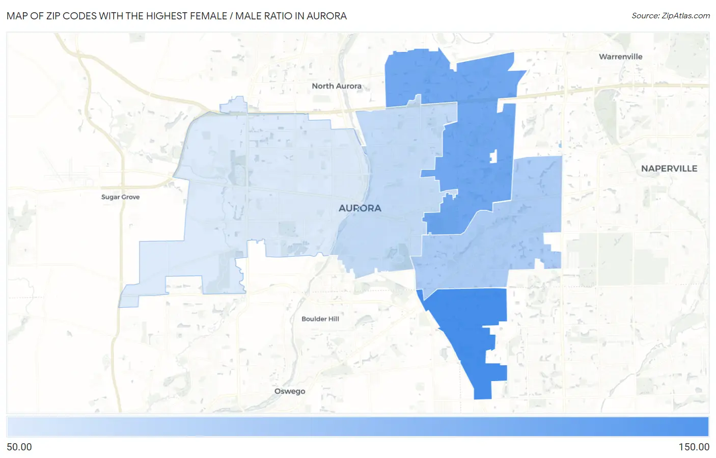 Zip Codes with the Highest Female / Male Ratio in Aurora Map