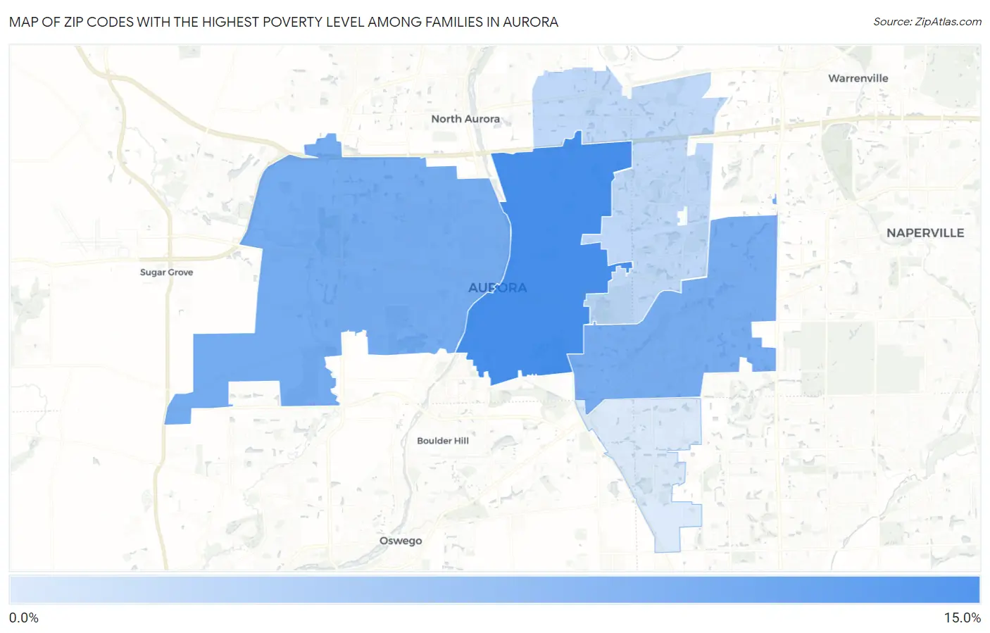 Zip Codes with the Highest Poverty Level Among Families in Aurora Map
