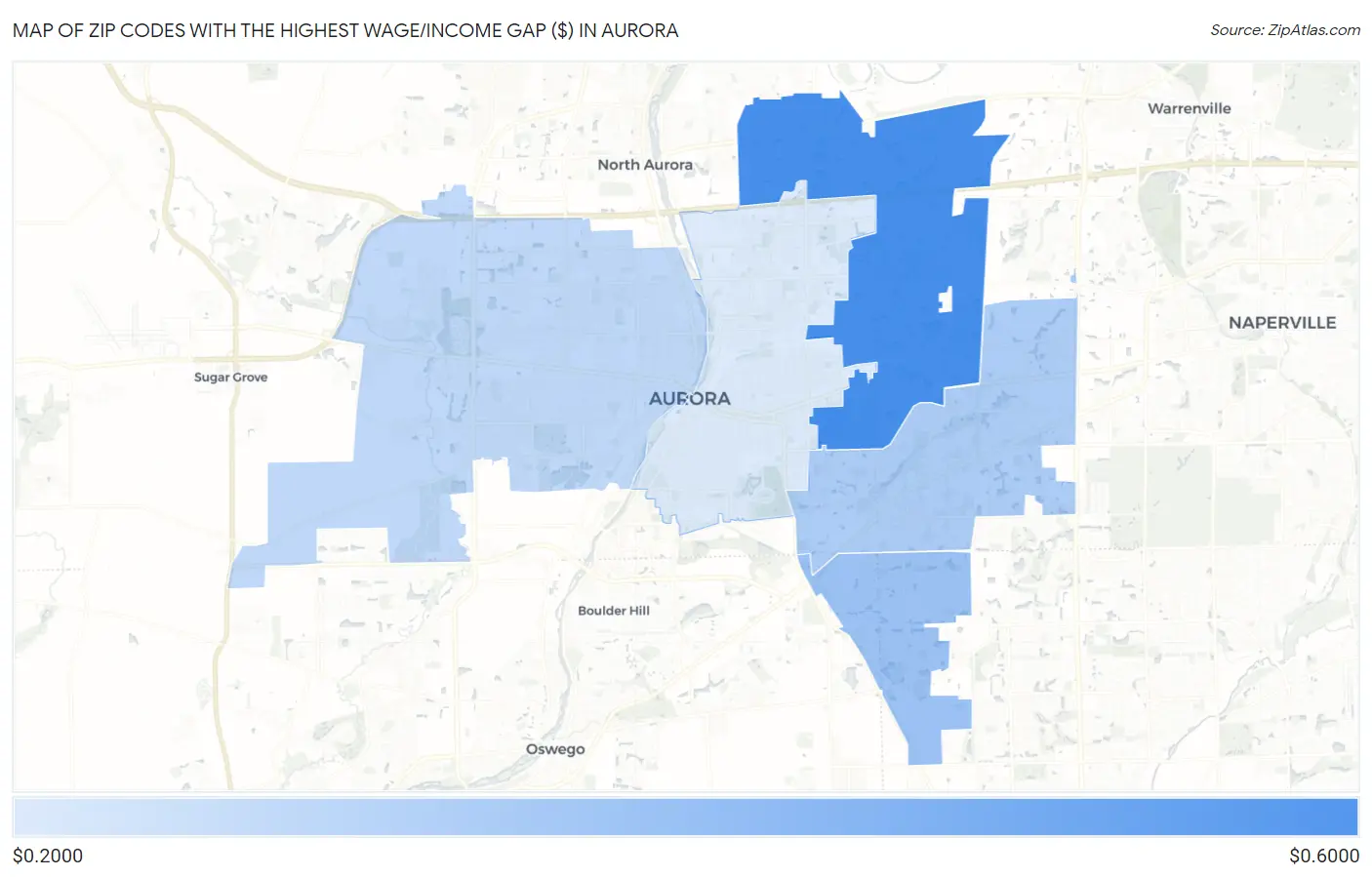 Zip Codes with the Highest Wage/Income Gap ($) in Aurora Map