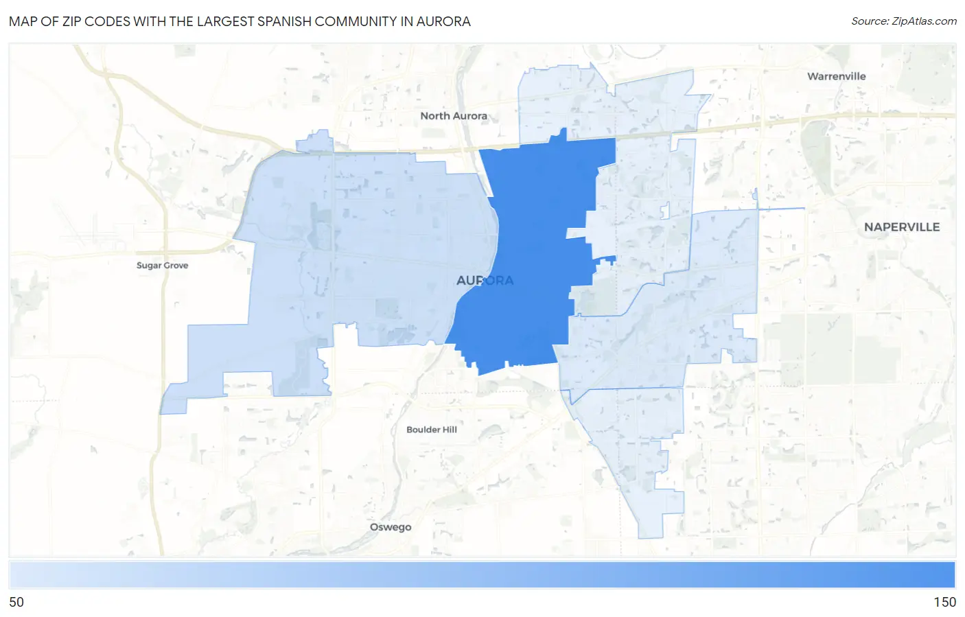 Zip Codes with the Largest Spanish Community in Aurora Map