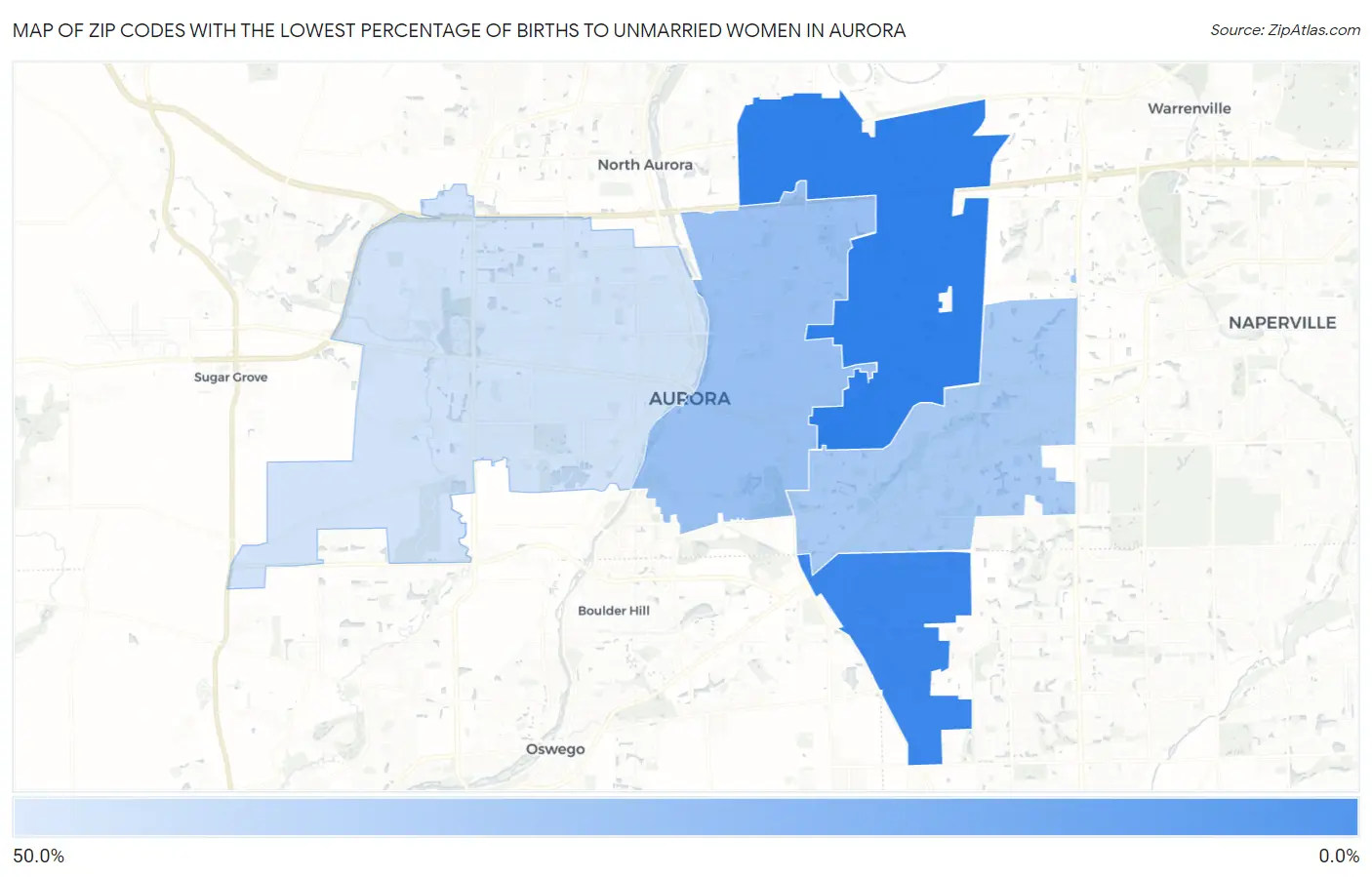Zip Codes with the Lowest Percentage of Births to Unmarried Women in Aurora Map