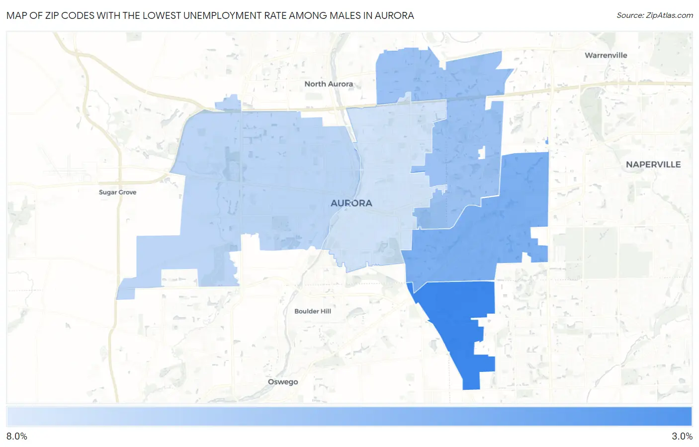 Zip Codes with the Lowest Unemployment Rate Among Males in Aurora Map