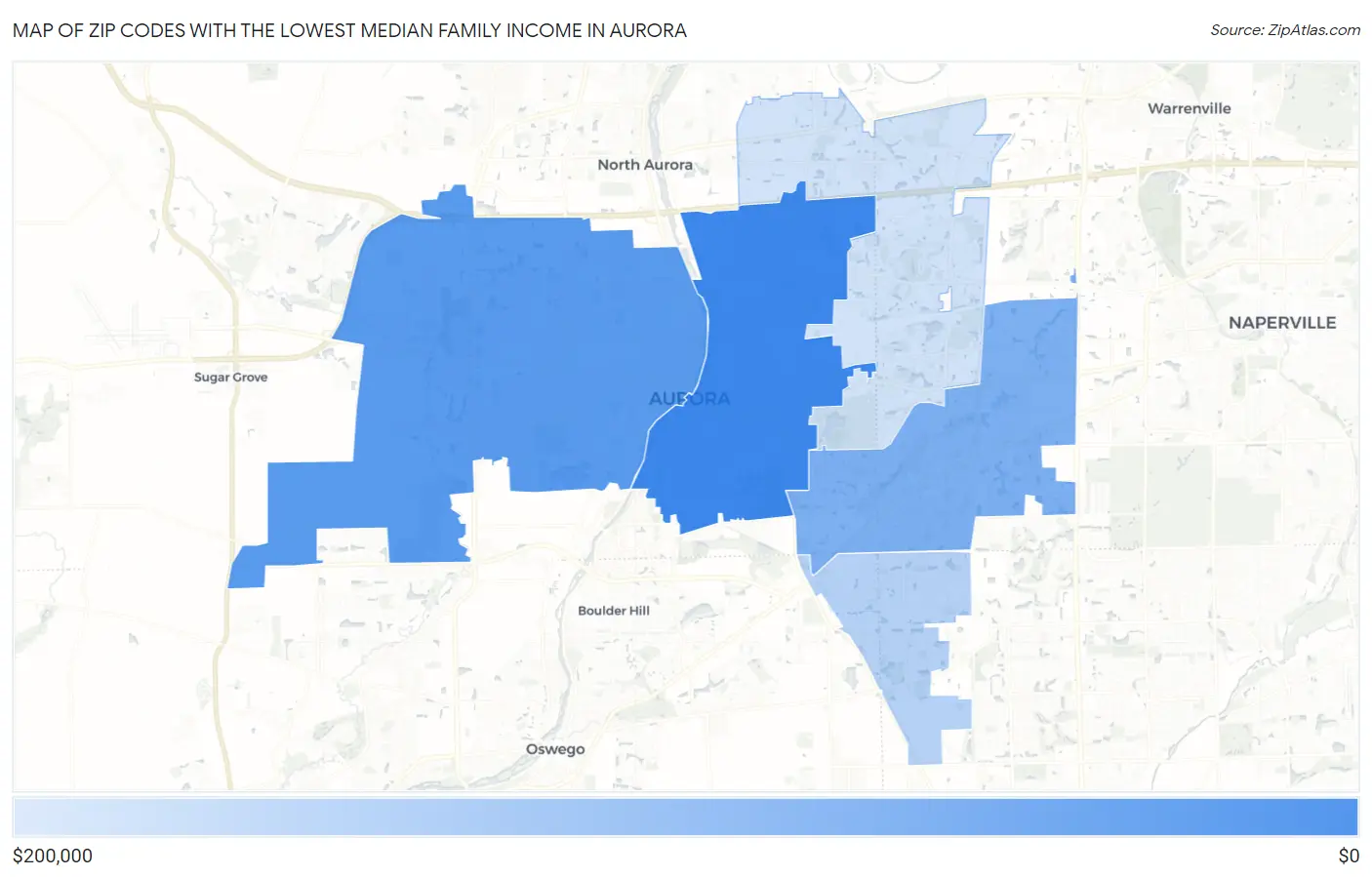 Zip Codes with the Lowest Median Family Income in Aurora Map