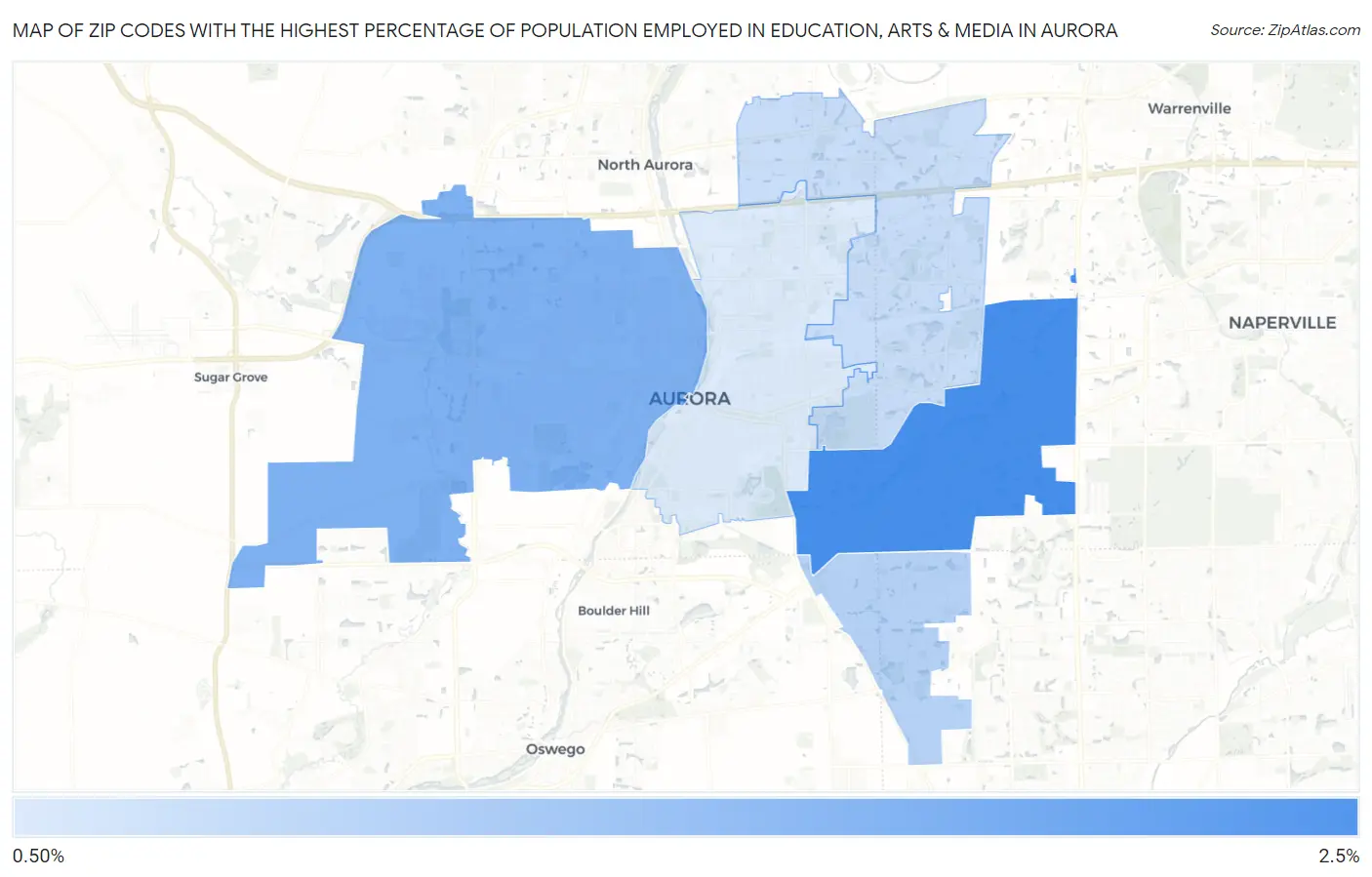 Zip Codes with the Highest Percentage of Population Employed in Education, Arts & Media in Aurora Map