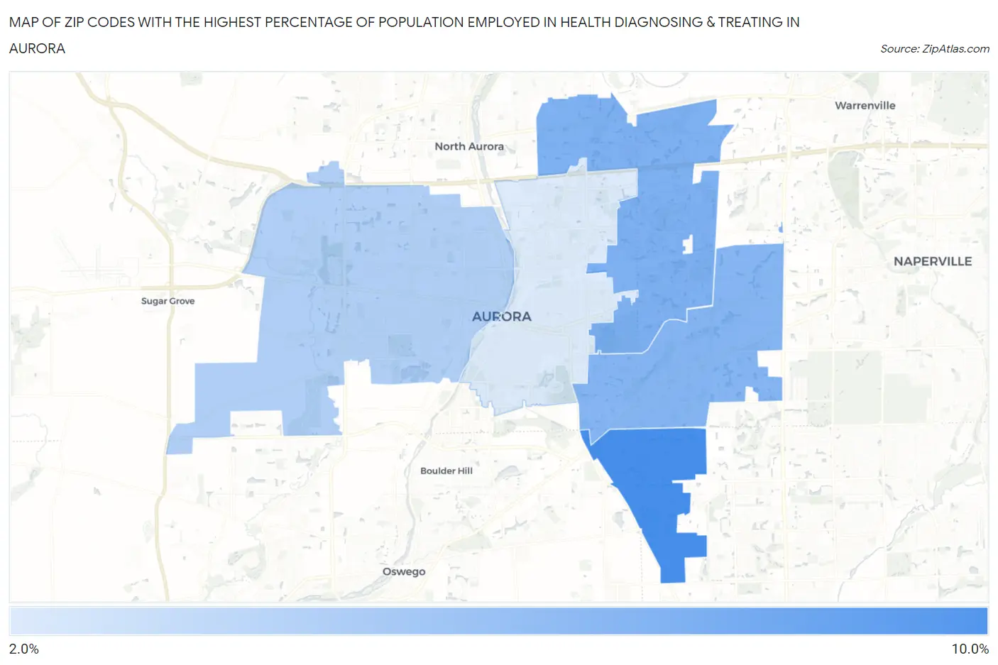 Zip Codes with the Highest Percentage of Population Employed in Health Diagnosing & Treating in Aurora Map