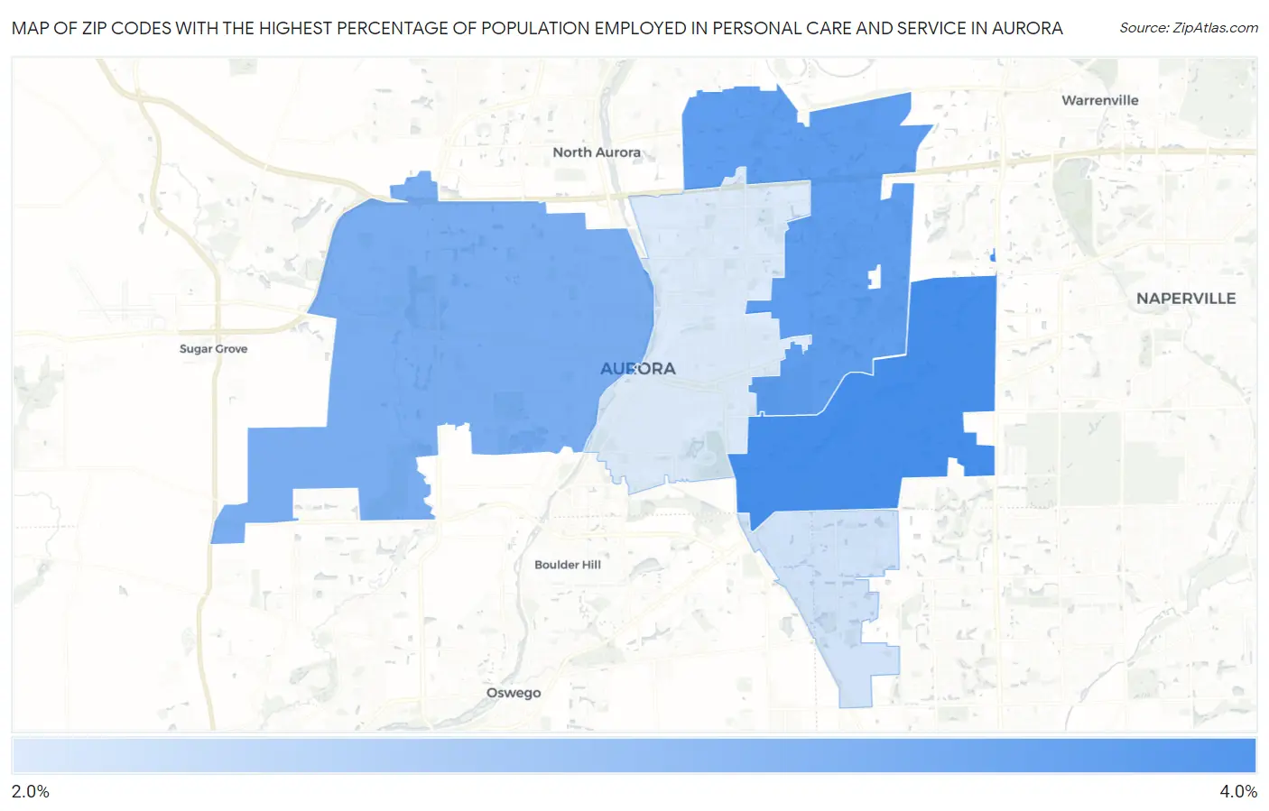 Zip Codes with the Highest Percentage of Population Employed in Personal Care and Service in Aurora Map