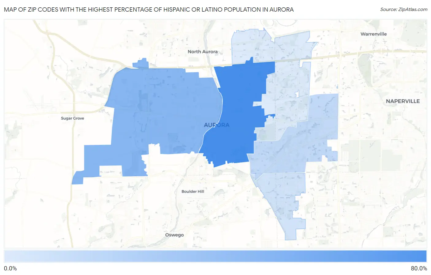 Zip Codes with the Highest Percentage of Hispanic or Latino Population in Aurora Map