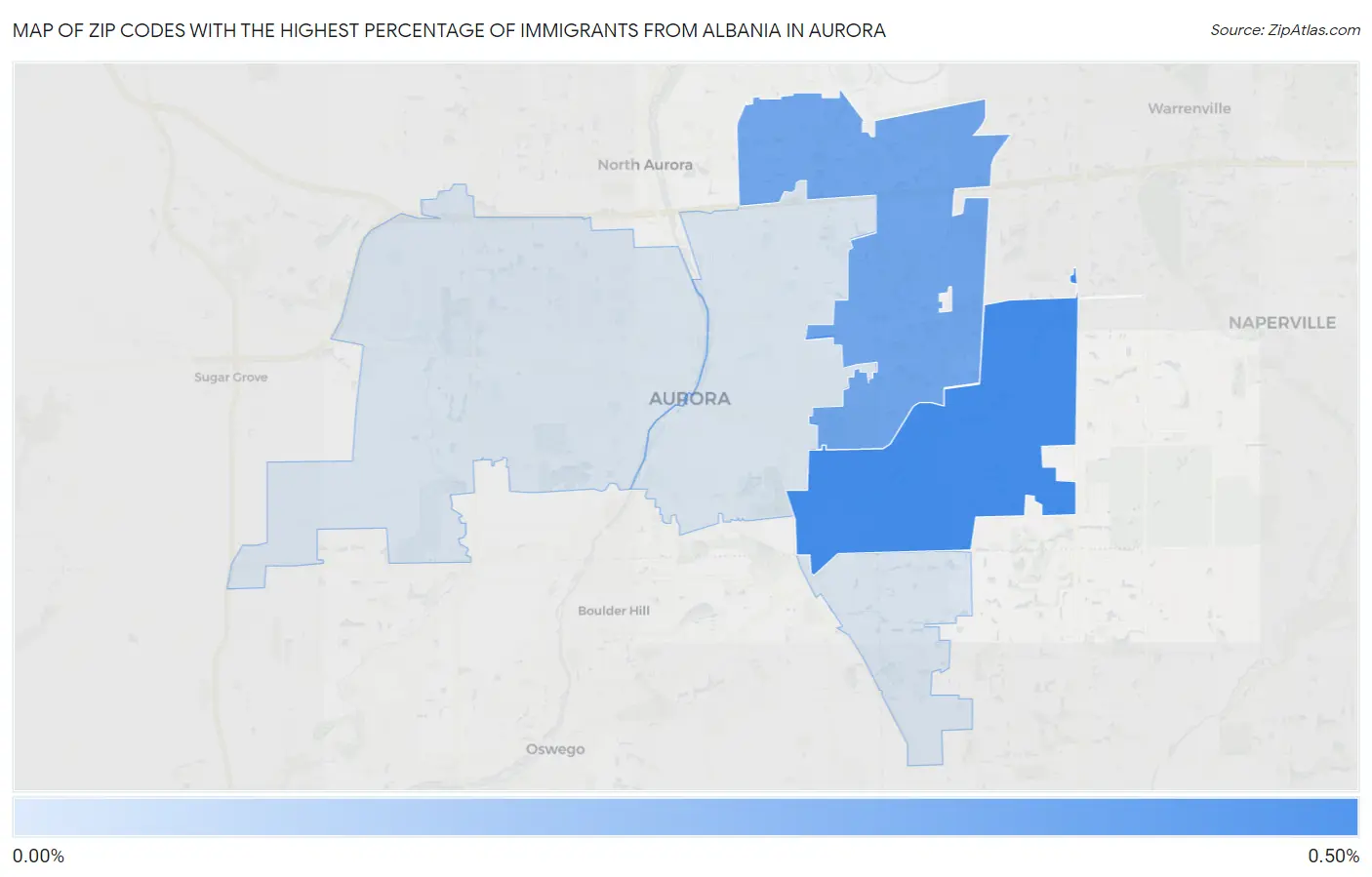 Zip Codes with the Highest Percentage of Immigrants from Albania in Aurora Map