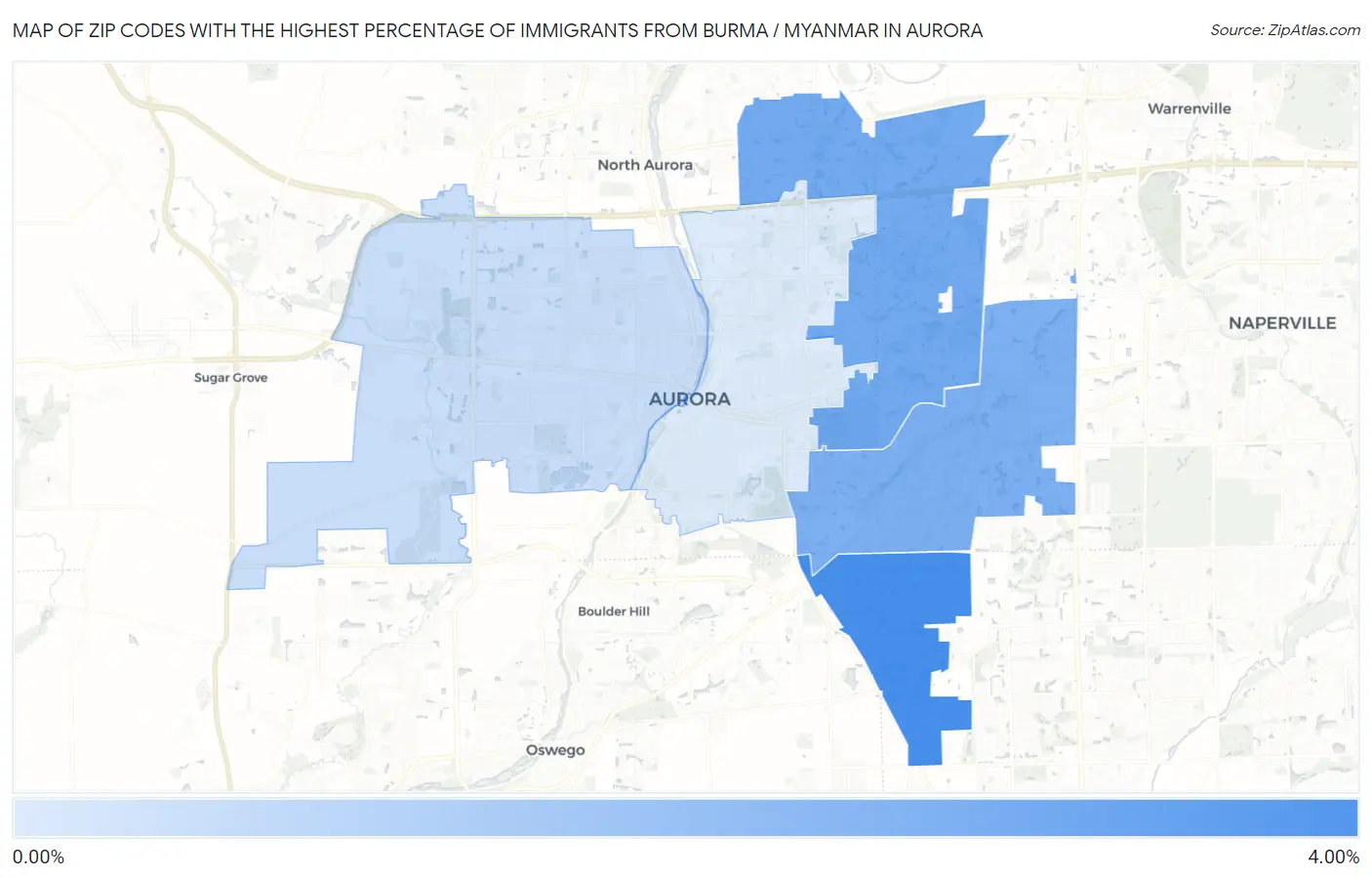 Zip Codes with the Highest Percentage of Immigrants from Burma / Myanmar in Aurora Map
