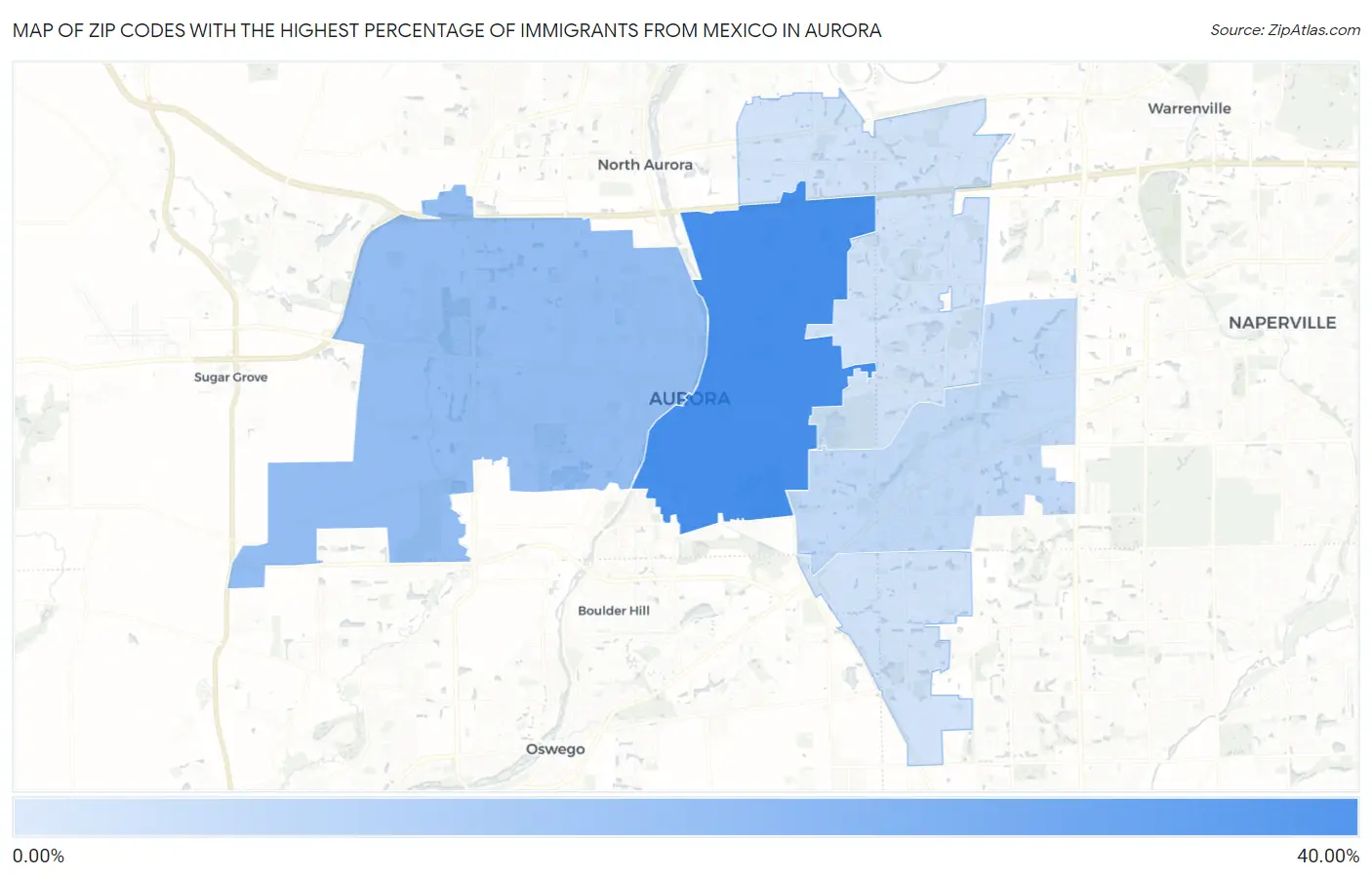 Zip Codes with the Highest Percentage of Immigrants from Mexico in Aurora Map