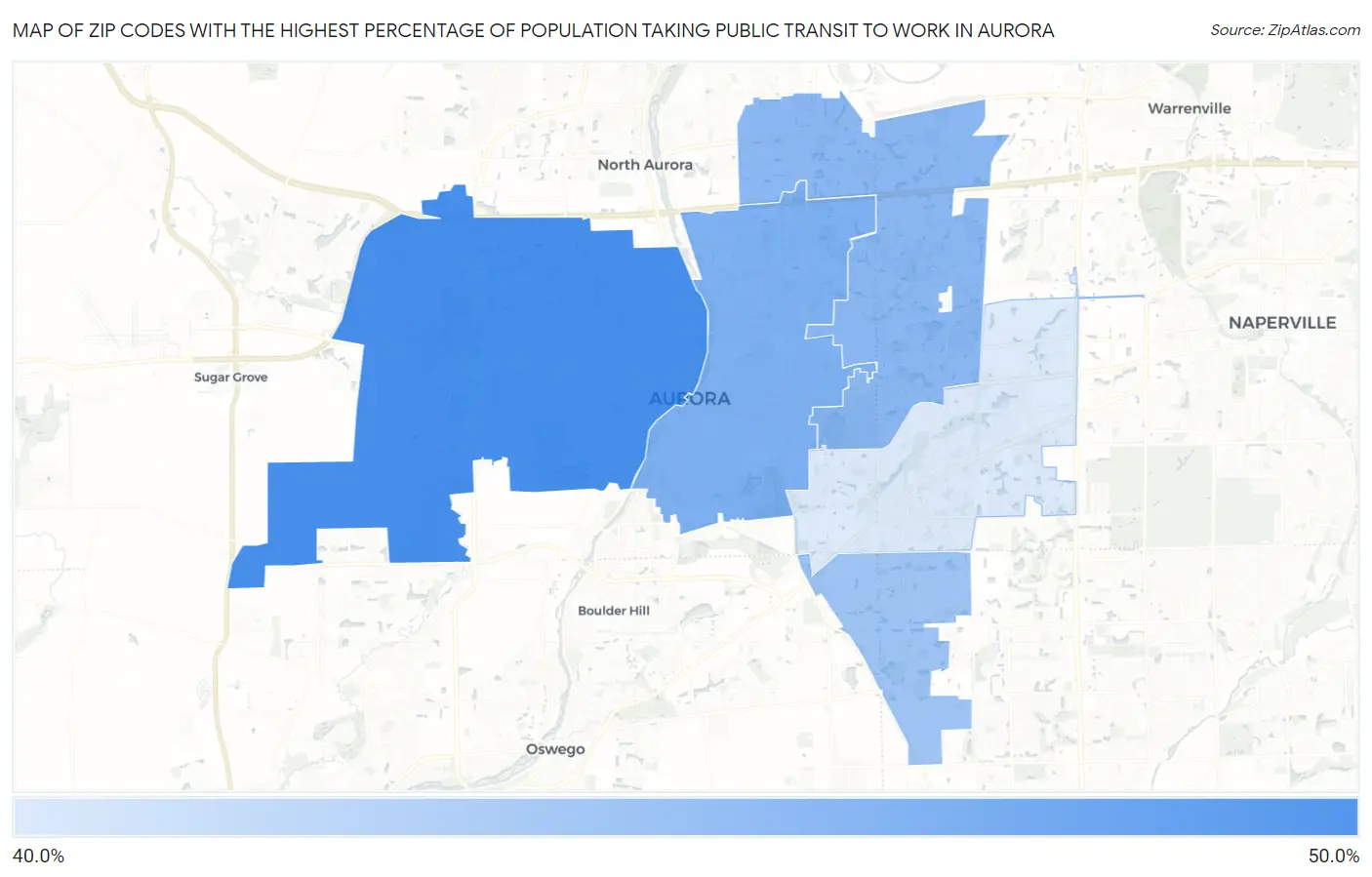 Zip Codes with the Highest Percentage of Population Taking Public Transit to Work in Aurora Map