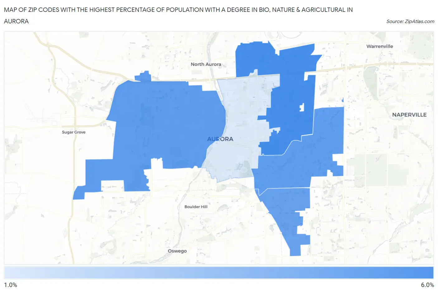 Zip Codes with the Highest Percentage of Population with a Degree in Bio, Nature & Agricultural in Aurora Map