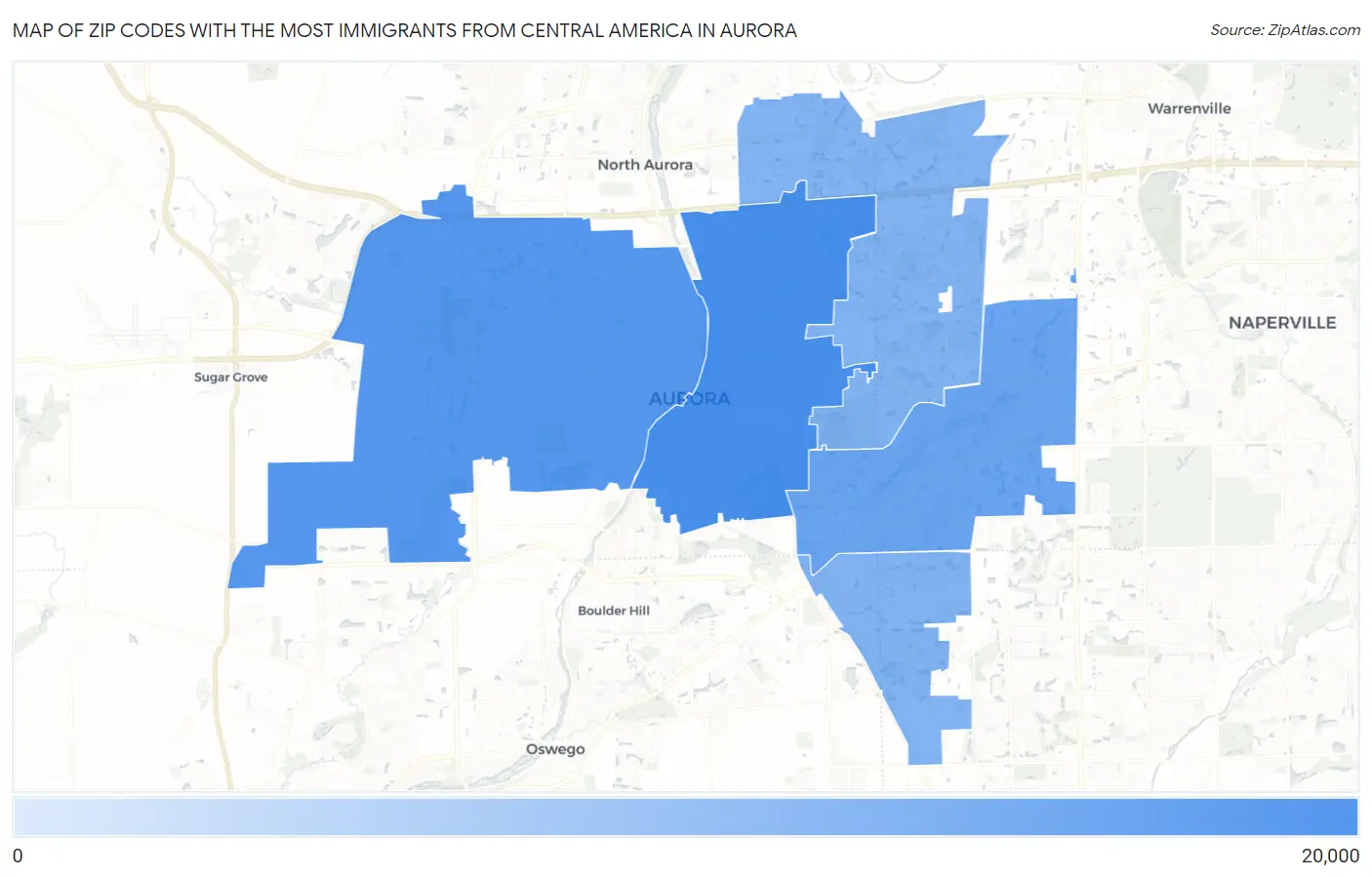 Zip Codes with the Most Immigrants from Central America in Aurora Map