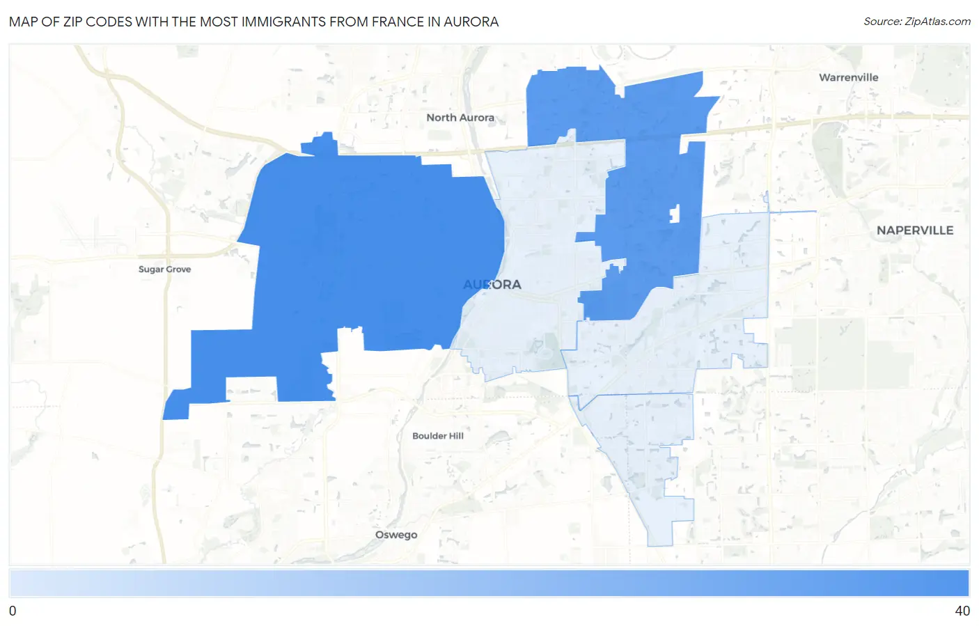 Zip Codes with the Most Immigrants from France in Aurora Map