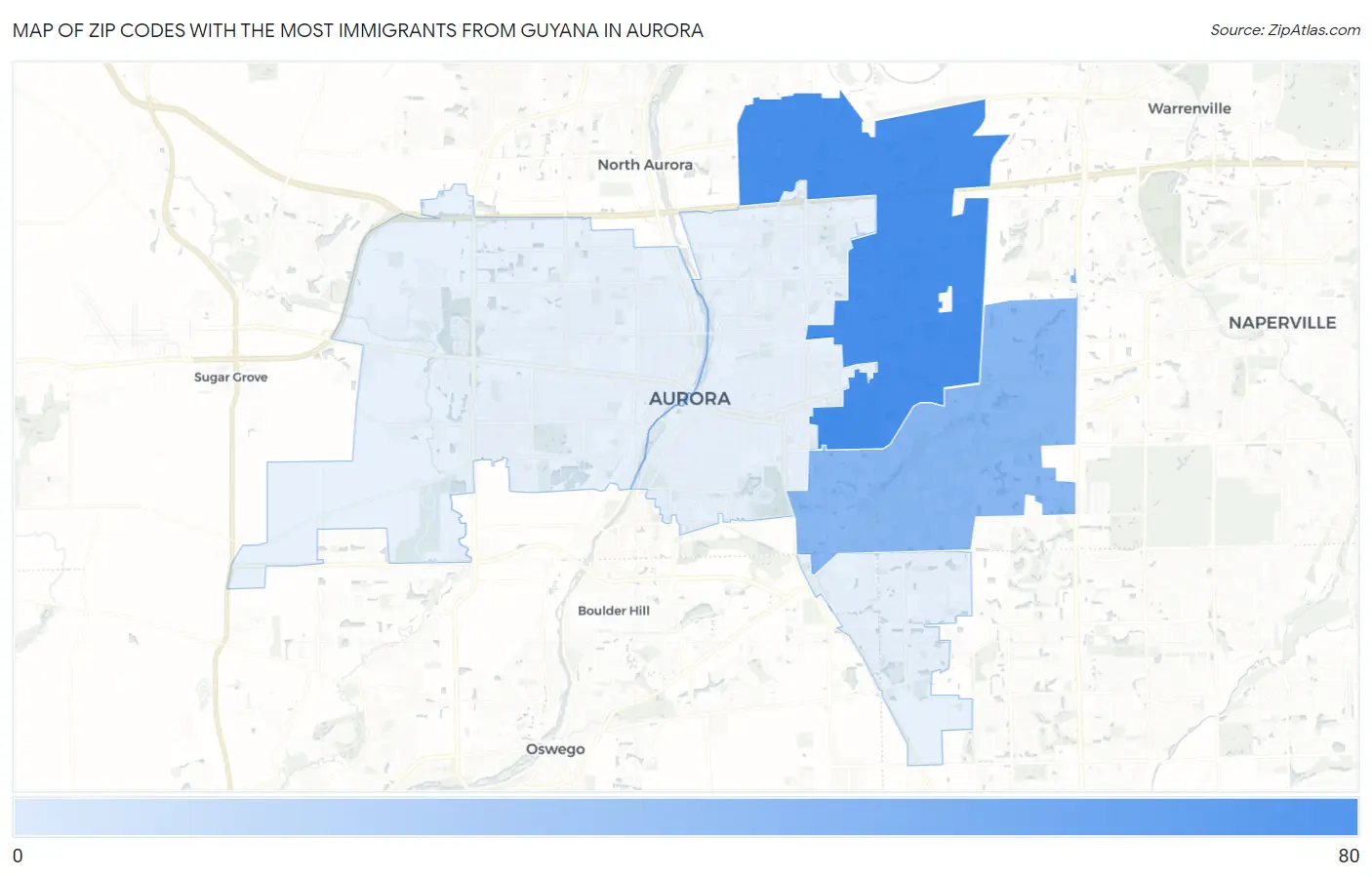 Zip Codes with the Most Immigrants from Guyana in Aurora Map