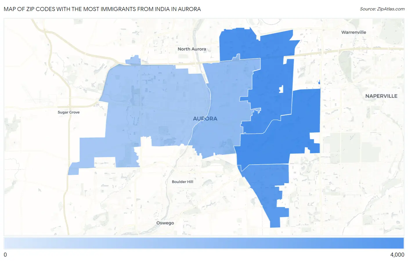Zip Codes with the Most Immigrants from India in Aurora Map