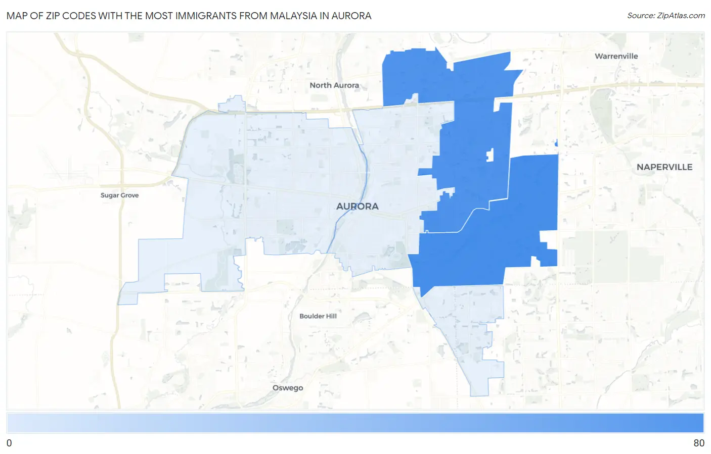 Zip Codes with the Most Immigrants from Malaysia in Aurora Map