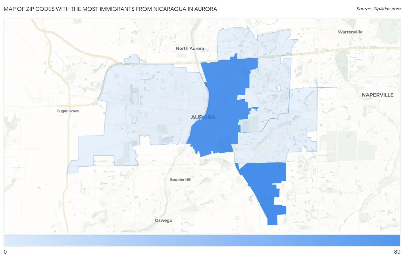 Zip Codes with the Most Immigrants from Nicaragua in Aurora Map