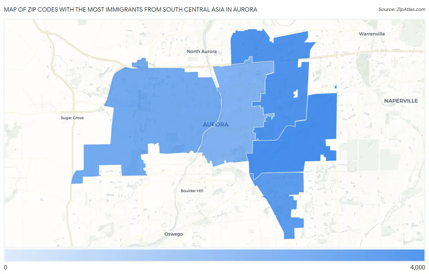 Zip Codes with the Most Immigrants from South Central Asia in Aurora Map