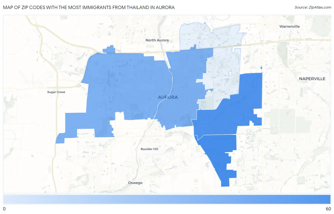 Zip Codes with the Most Immigrants from Thailand in Aurora Map