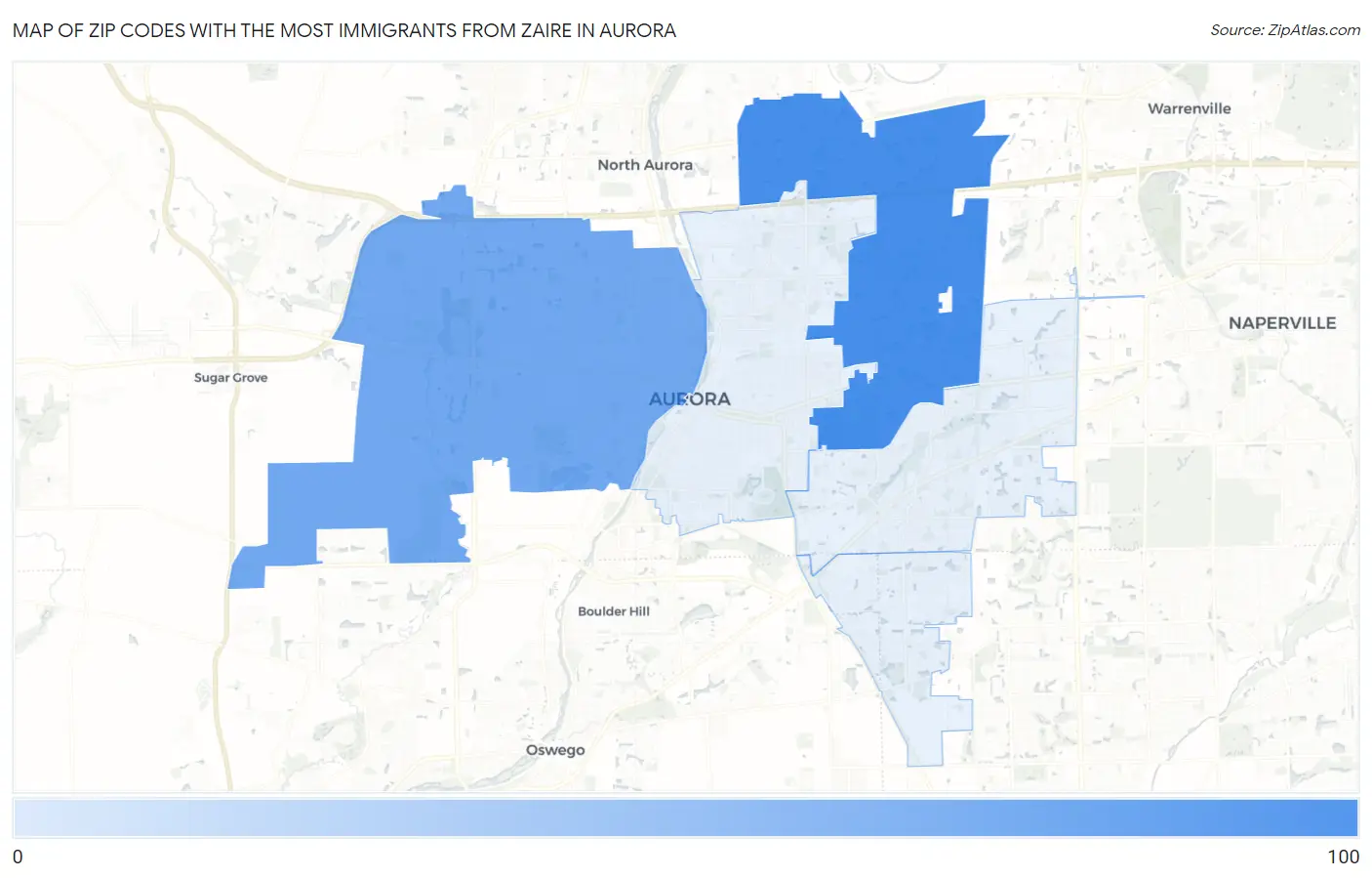 Zip Codes with the Most Immigrants from Zaire in Aurora Map