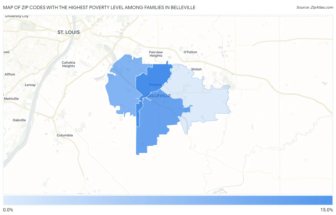 Zip Codes with the Highest Poverty Level Among Families in Belleville Map