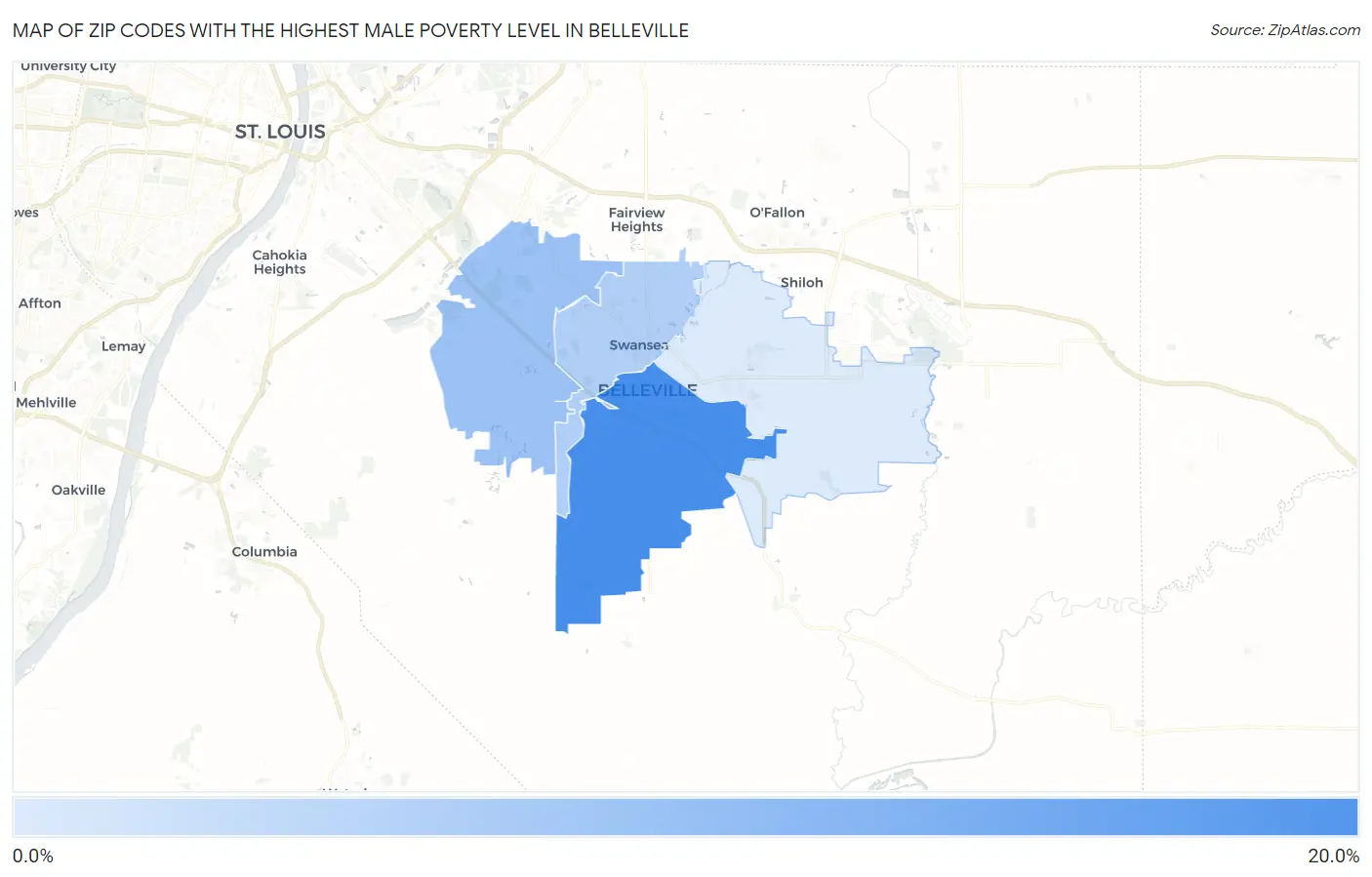 Zip Codes with the Highest Male Poverty Level in Belleville Map