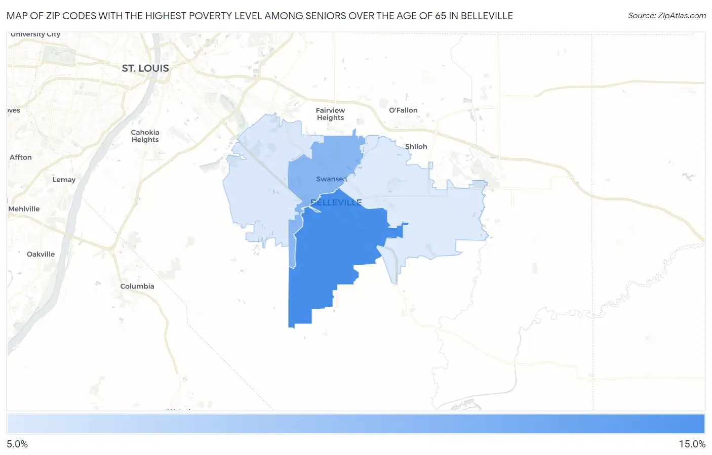 Zip Codes with the Highest Poverty Level Among Seniors Over the Age of 65 in Belleville Map
