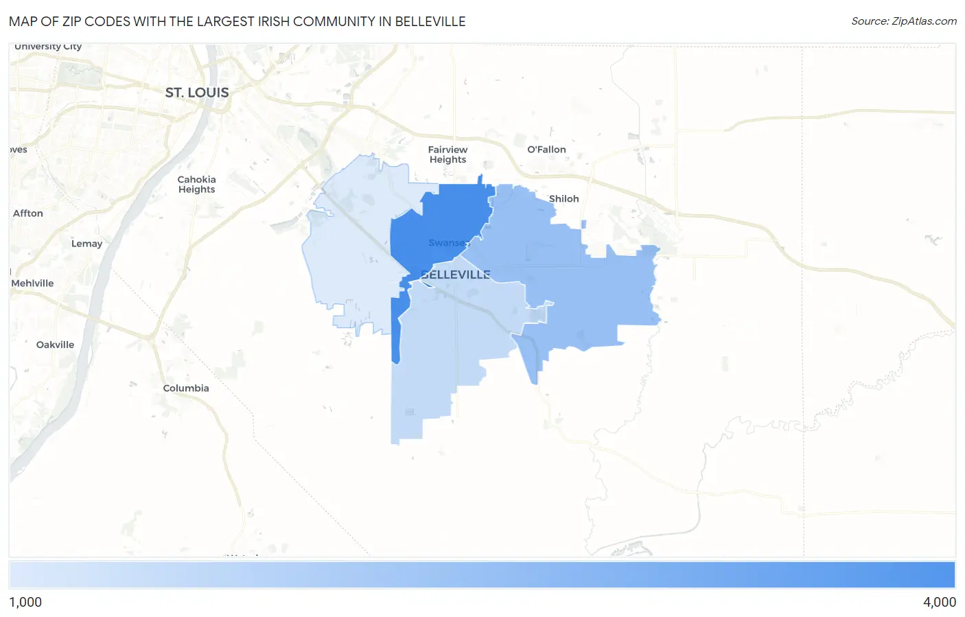 Zip Codes with the Largest Irish Community in Belleville Map