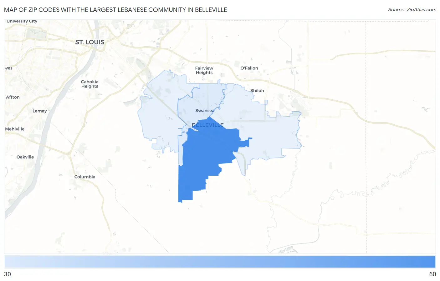 Zip Codes with the Largest Lebanese Community in Belleville Map