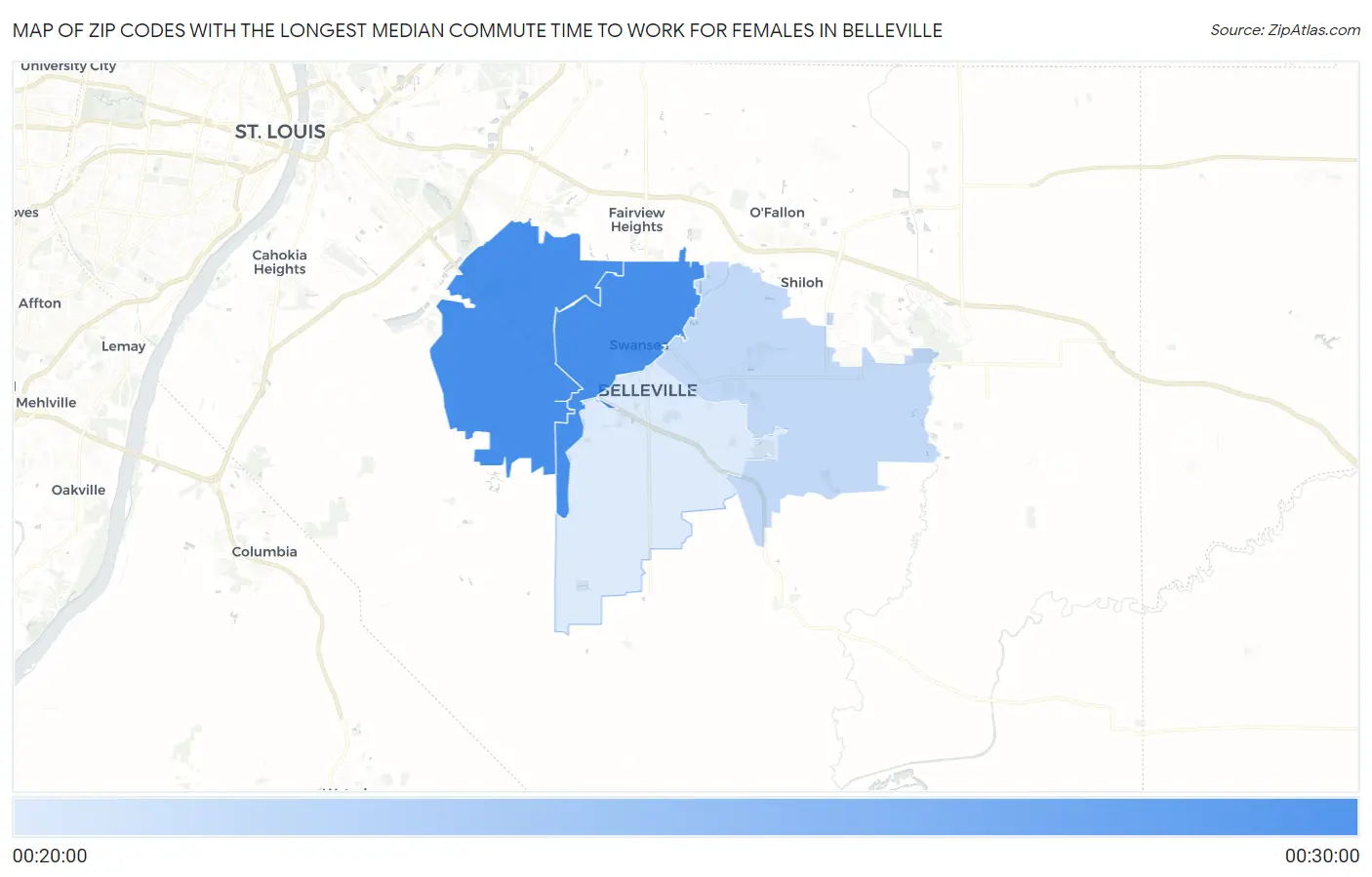 Zip Codes with the Longest Median Commute Time to Work for Females in Belleville Map