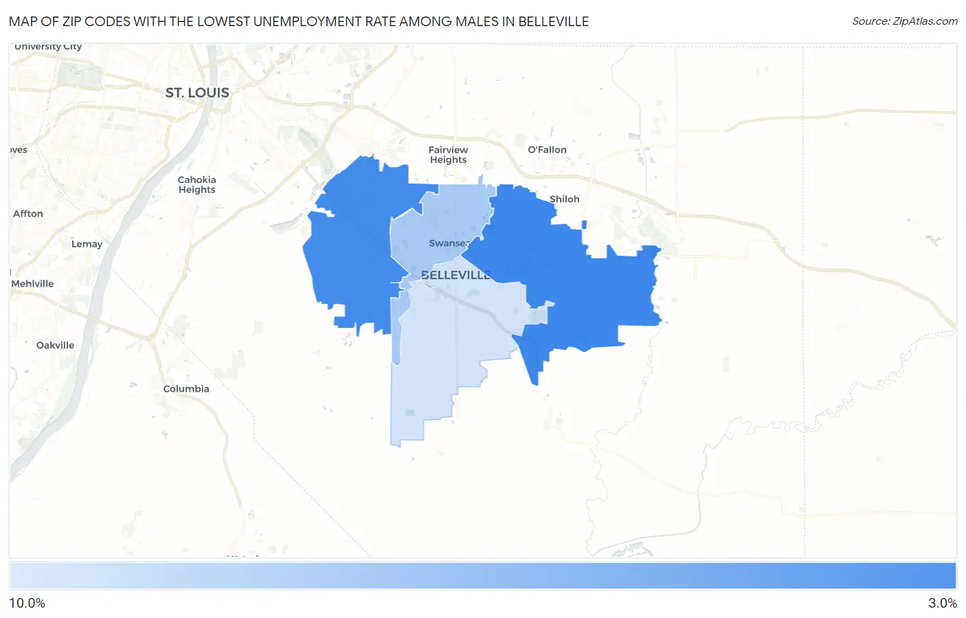 Zip Codes with the Lowest Unemployment Rate Among Males in Belleville Map