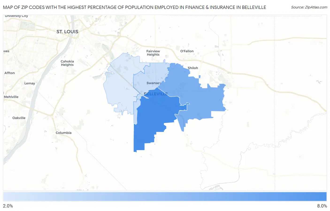 Zip Codes with the Highest Percentage of Population Employed in Finance & Insurance in Belleville Map