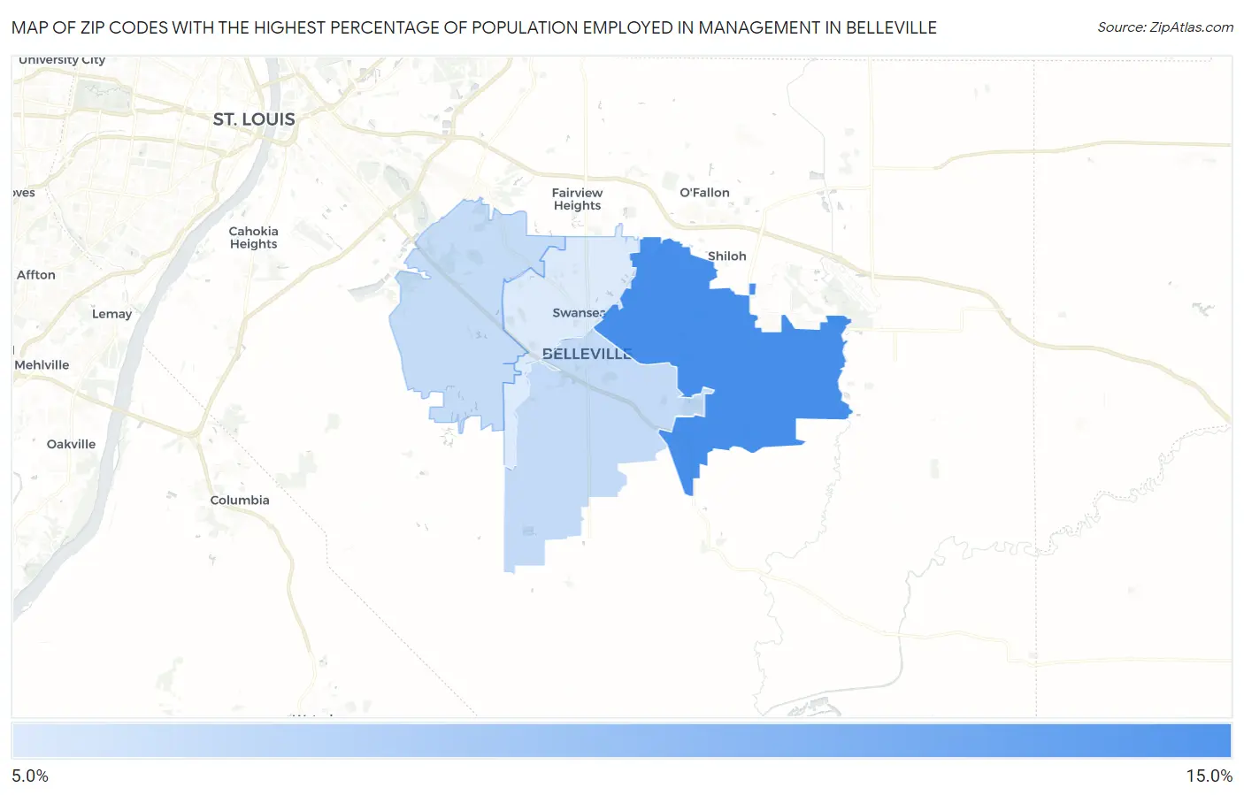Zip Codes with the Highest Percentage of Population Employed in Management in Belleville Map