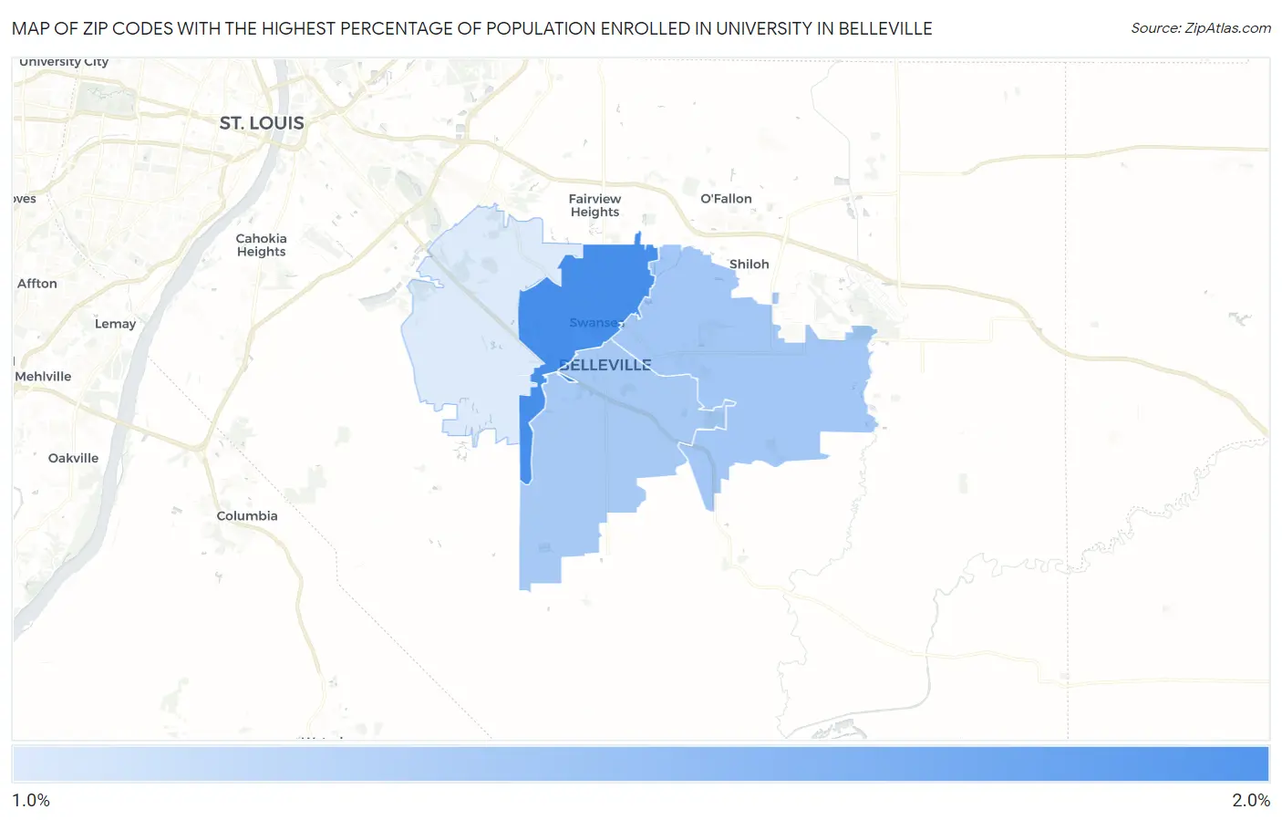 Zip Codes with the Highest Percentage of Population Enrolled in University in Belleville Map