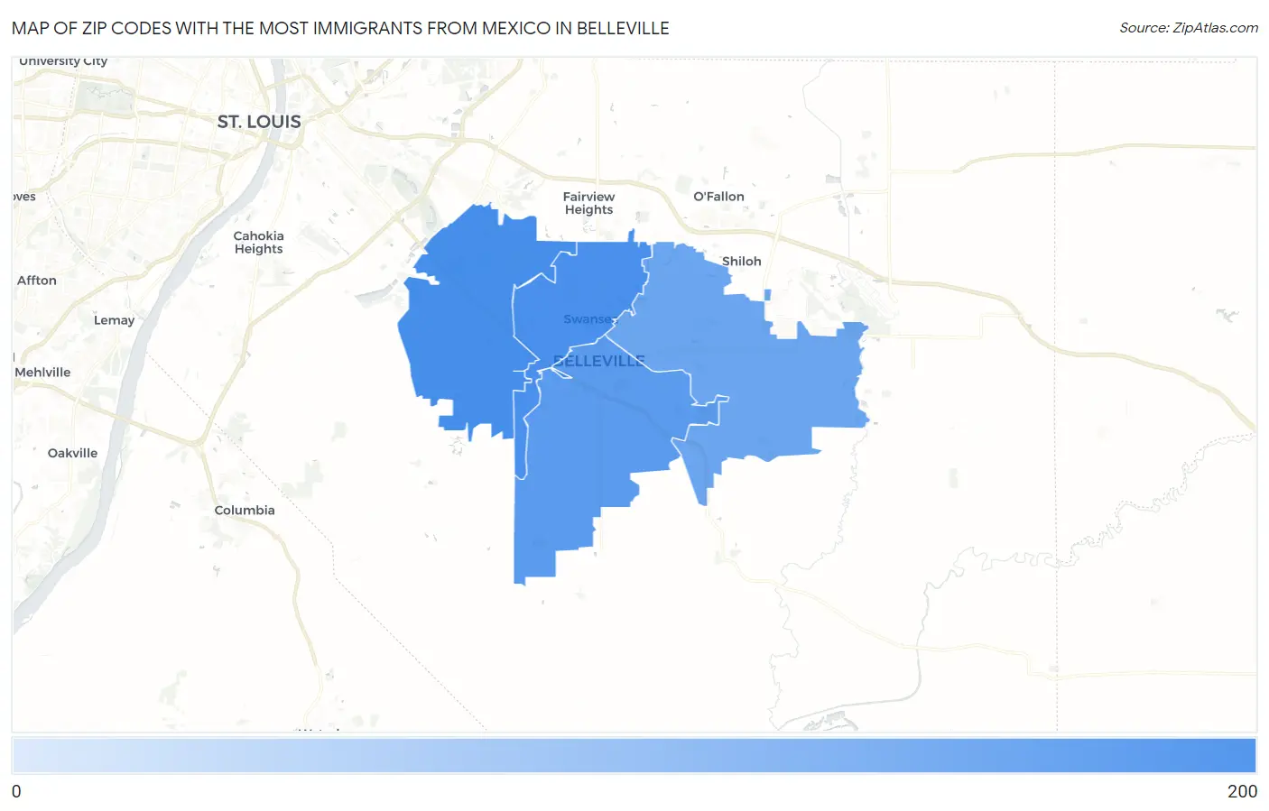 Zip Codes with the Most Immigrants from Mexico in Belleville Map
