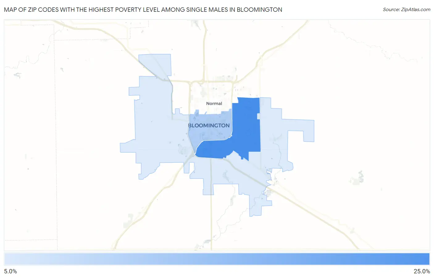 Zip Codes with the Highest Poverty Level Among Single Males in Bloomington Map