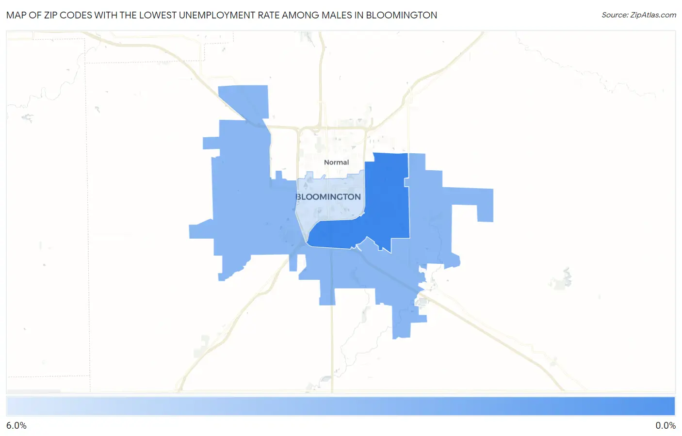Zip Codes with the Lowest Unemployment Rate Among Males in Bloomington Map