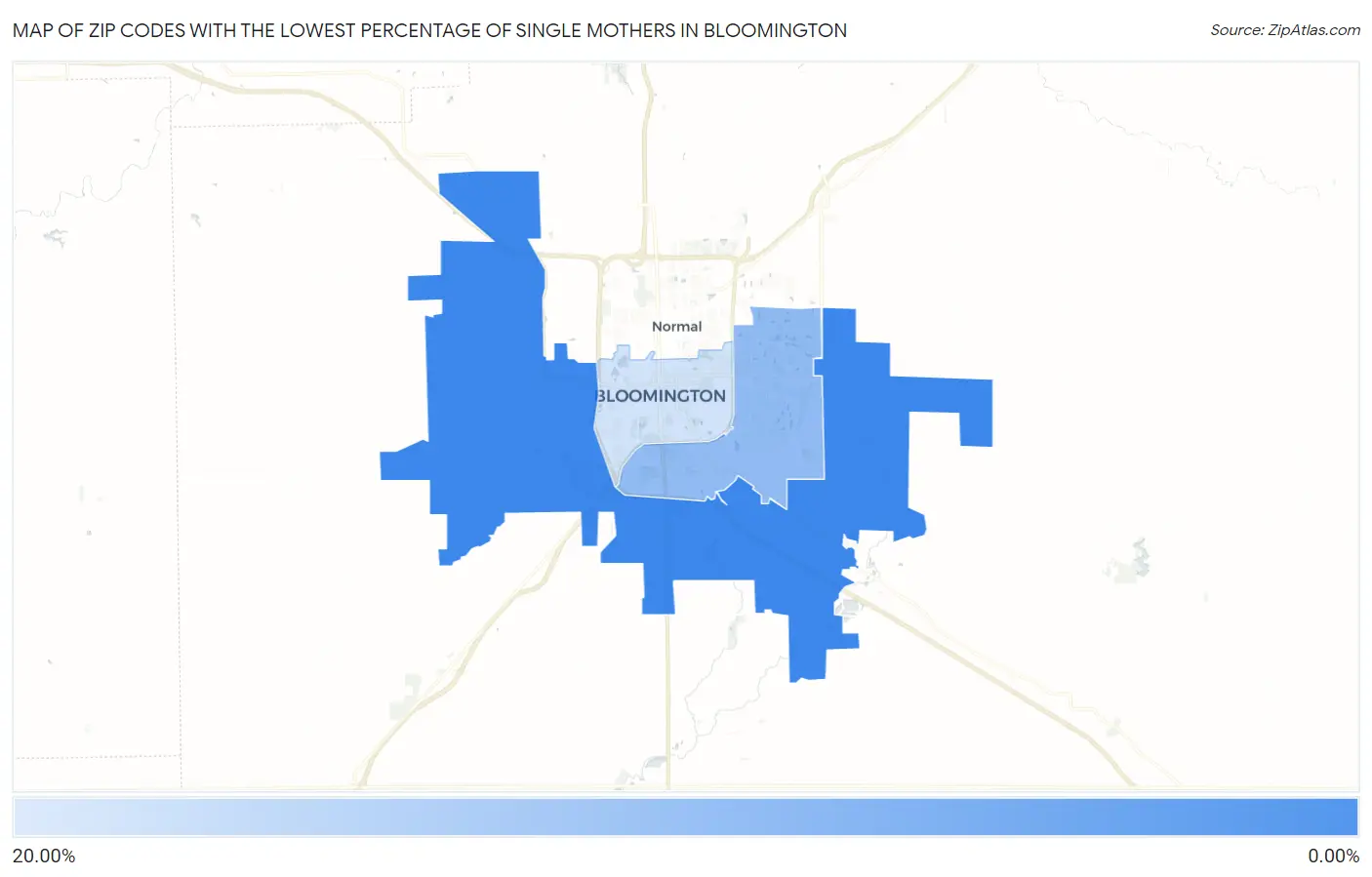 Zip Codes with the Lowest Percentage of Single Mothers in Bloomington Map